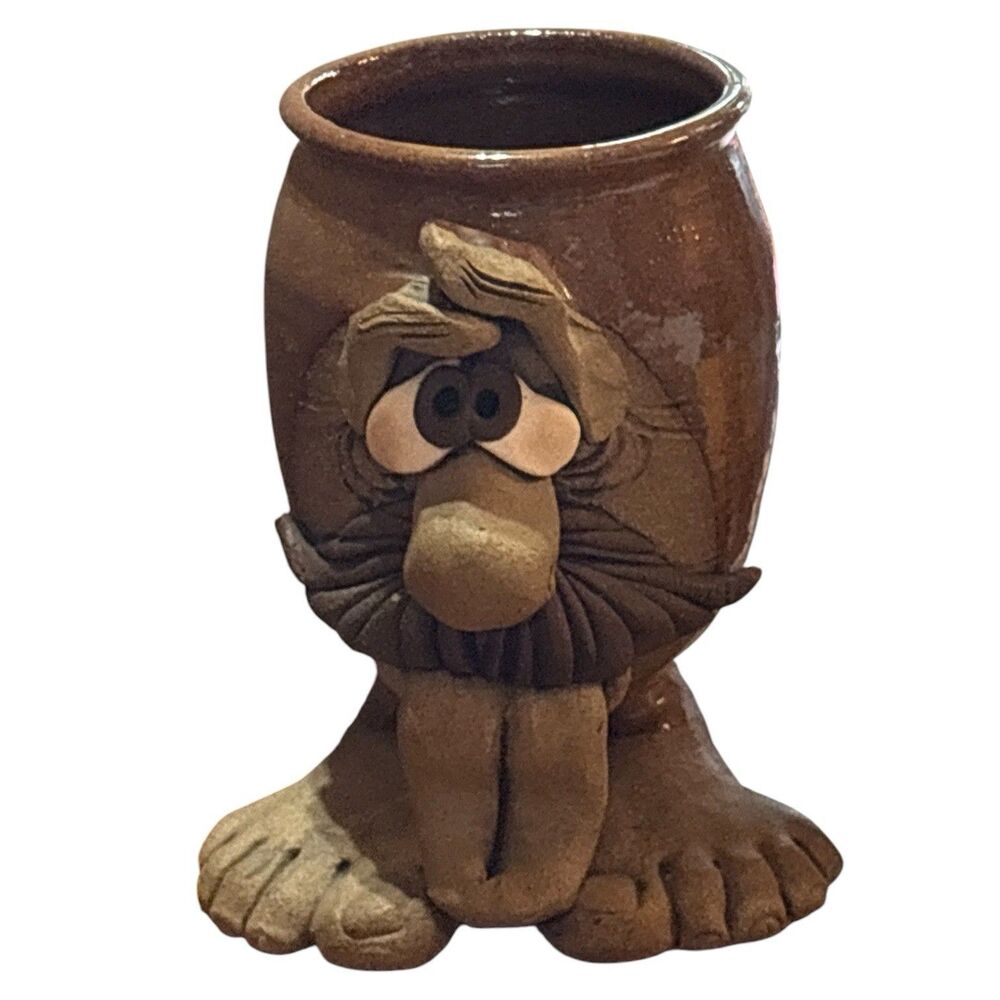 Vintage Pottery Ugly Face Mug Bearded Man Folk Art 3D Brown Ceramic Character 6”